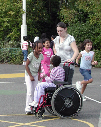 Playground scene with boy in wheelchair, girl sticking her tongue out at him, and a supervisor.