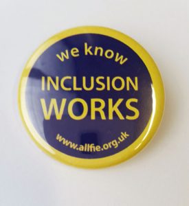 badge saying "we know inclusion works" and the ALLFIE website address