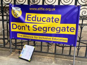 ALLFIE banner saying "Educate Don't Segregate"