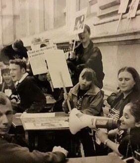 Early days campaigning for Inclusive Education: Chloe McCollum Historical image: a young and powerful demo at Downing street where a letter was delivered to Tony Blair with hundreds of signatures for Inclusion, in centre Chloe McCollum 1990s