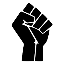 Disabled Black Lives Matter logo with graphic of a raised fist, black on white background