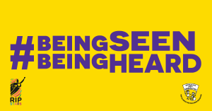Graphic banner with text: #beingseenbeingheard alongside RIPSTARS and ALLFIE logo. Purple text on yellow background