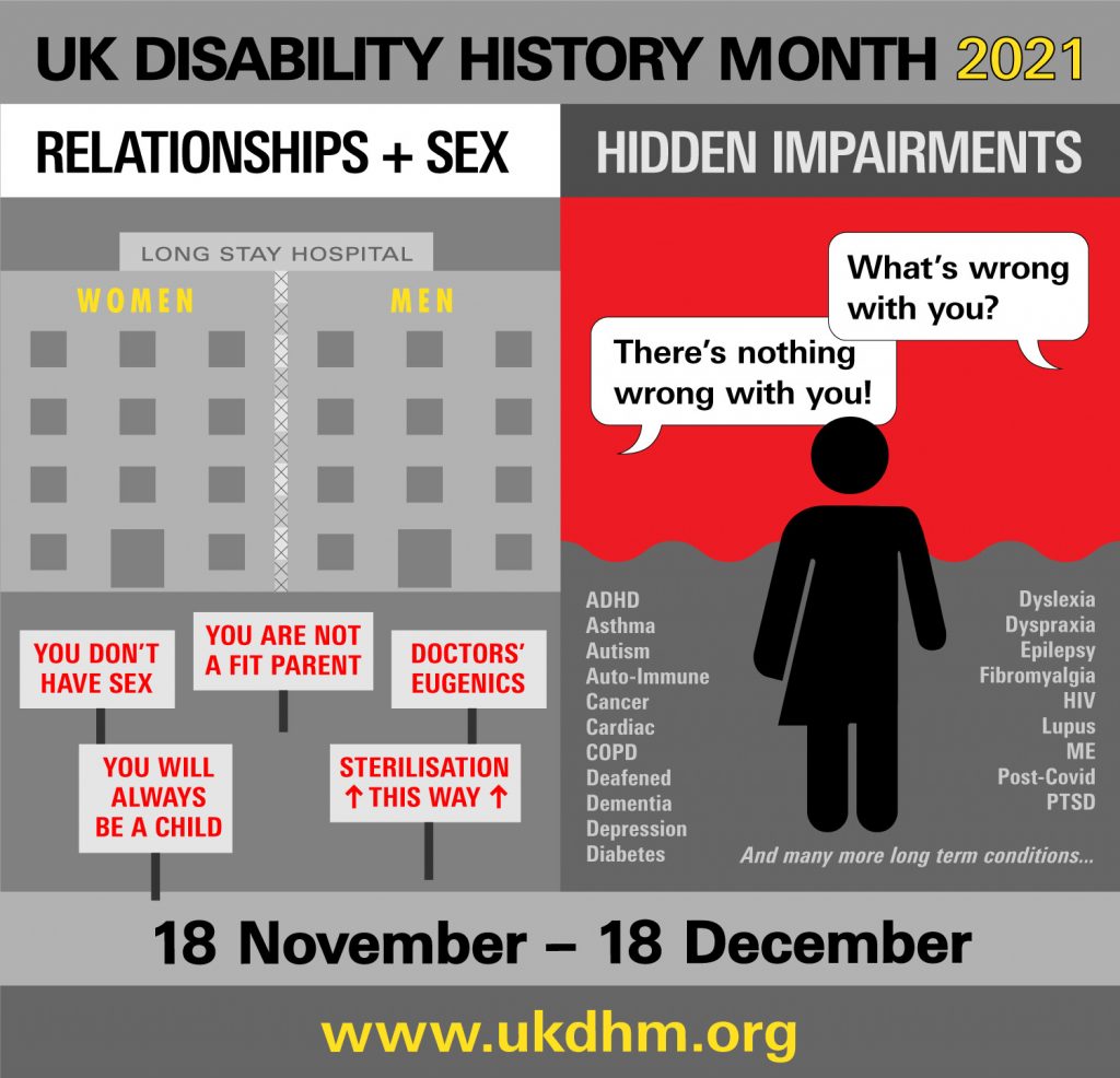 UK Disability History Month 2021 flyer, depicting relationships and sex, and hidden impairments. UKDHM dates are 18 November to 18 December 2021.