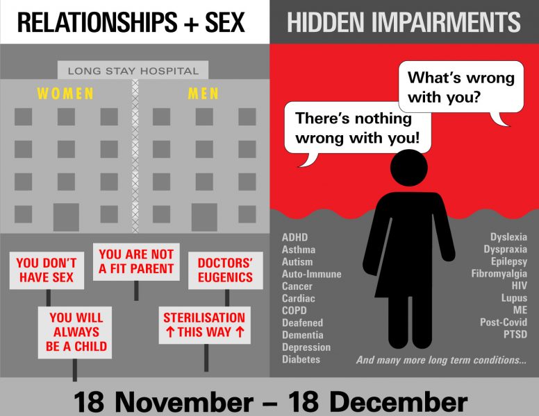 UK Disability History Month 2021 flyer, depicting relationships and sex, and hidden impairments. UKDHM dates are 18 November to 18 December 2021.