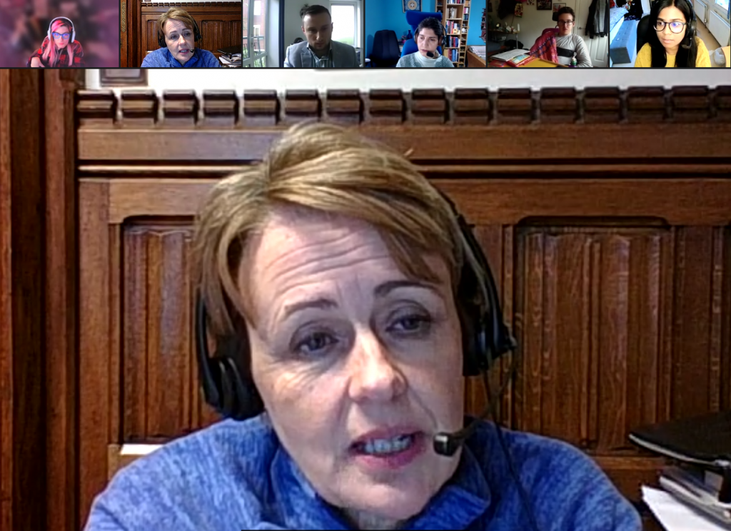 'Our Voice' participants interview Baroness Tanni-Grey Thompson via Zoom. (Top row L-R) Melody Powell, Tanni Grey-Thompson, Matthew Smith, Armineh Soorenian, Samuel Bartley, Tasnim Hassan (Main image) Tanni Gery-Thompson.