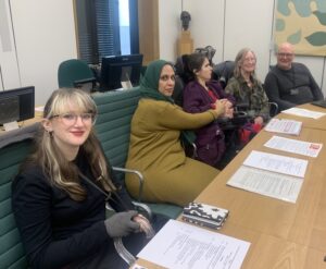 The End Torture Collective speaking in Parliament. From left to right: Lucy Wing (ALLFIE Our Voice), Maresa MacKeith and PAs (ALLFIE), Mark Harrison (ROFA)