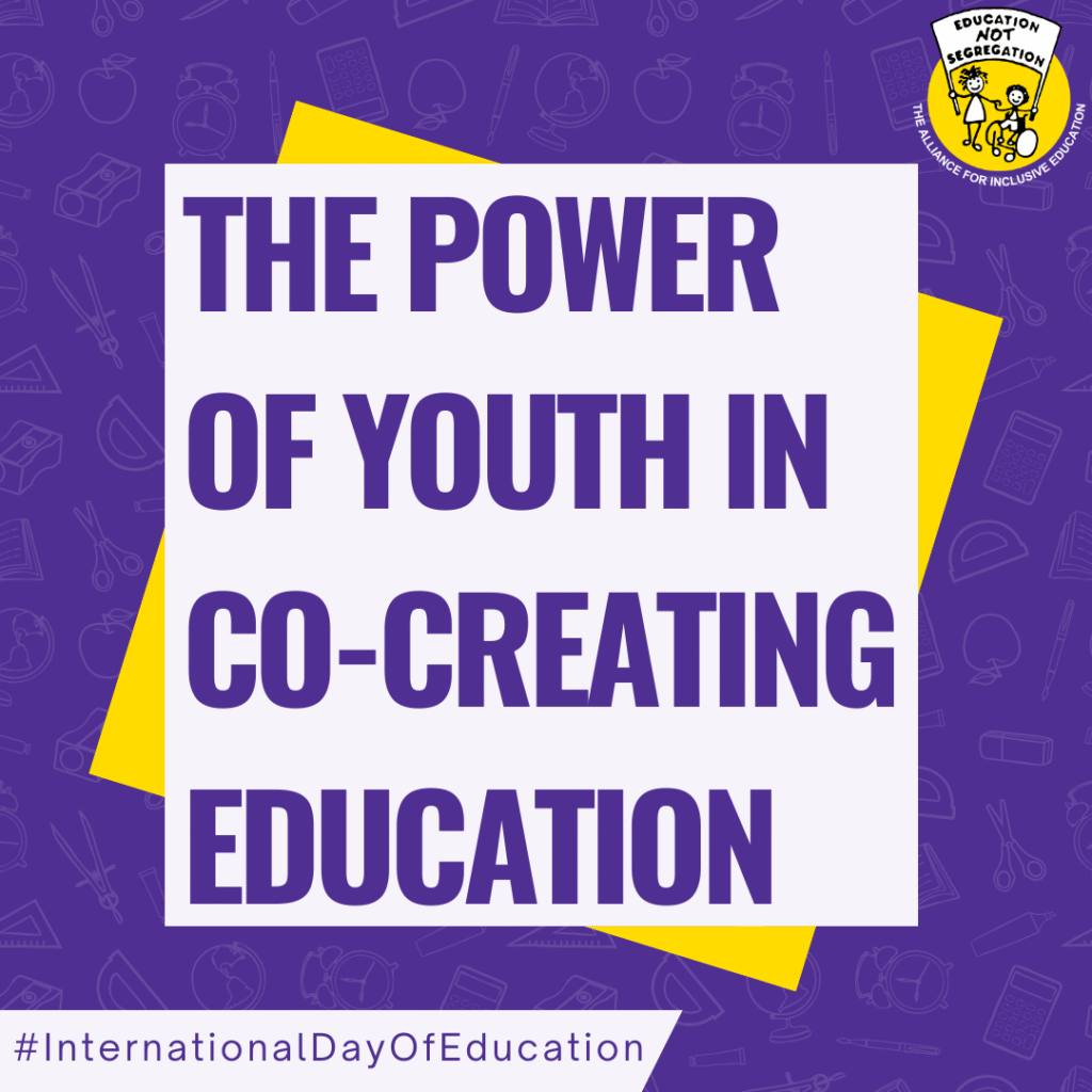 The Power Of Youth In Co-Creating Education is written in bold text on a purple background. The ALLFIE logo is in the top right and #InternationalDayOfEducation is written at the bottom right